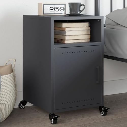 Youuihom Nachttisch Anthrazit aus Kaltgewalztem Stahl 36x39x59 cm mit 4 Rollen und Griff für praktischen Stauraum im Schlafzimmer – Modernes Design mit Tür und Fächern von Youuihom