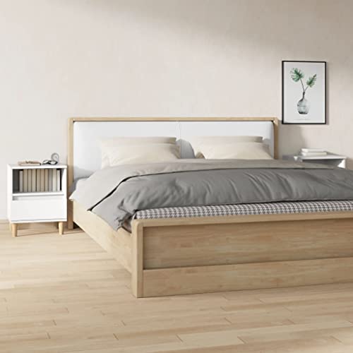 Youuihom Nachttisch Beistelltisch 2er Set Weiß 40x35x50 cm aus Holzwerkstoff und Massivholz Eukalyptus mit Schublade und Fach für Elegantes Schlafzimmer oder Wohnzimmer von Youuihom
