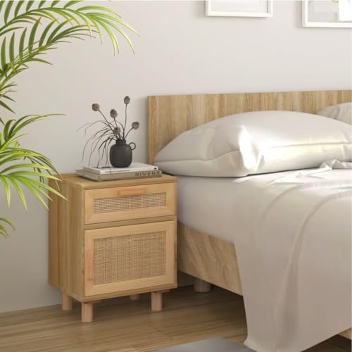 Youuihom Nachttisch Braun Massivholz Kiefer und Natur Rattan 40 x 30 x 50 cm mit Schublade und Fach Skandinavisches Design Stauraum für Schlafzimmer von Youuihom