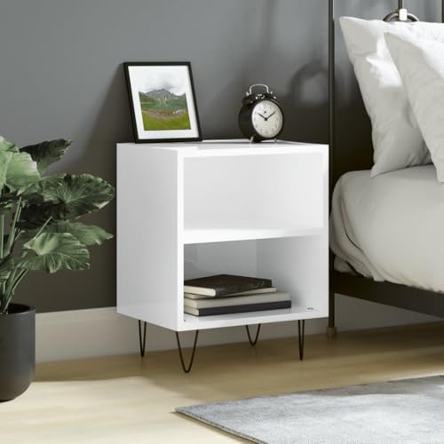 Youuihom Nachttisch Hochglanz-Weiß Kommode mit 2 Fächern 40x30x50 cm Holzwerkstoff und Eisen für Schlafzimmer Elegantes Design und Starker Stauraum von Youuihom