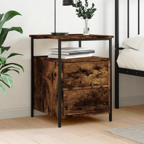 Youuihom Nachttisch Räuchereiche 44x45x60 cm aus Holzwerkstoff mit Eisenrahmen Industrie-Design verstellbare Beine und Stauraum für Schlafzimmer Beistelltisch von Youuihom