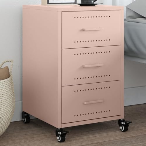 Youuihom Nachttisch Rosa Moderner Nachtschrank mit 3 Schubladen aus Kaltgewalztem Stahl 36 x 39 x 59 cm Stauraum & Rollen für Schlafzimmer Wohnzimmer von Youuihom