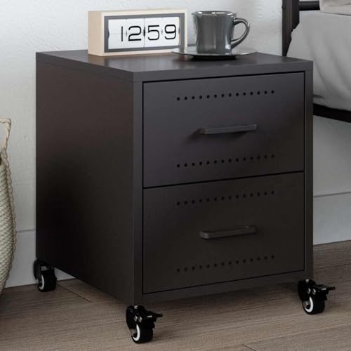 Youuihom Nachttisch Schwarz Moderner Nachtschrank mit 2 Schubladen aus Kaltgewalztem Stahl 36 x 39 x 43,5 cm Stauraum & Rollen für Schlafzimmer und Wohnzimmer von Youuihom