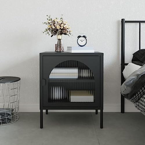 Youuihom Nachttisch Schwarz Schmal 50x35x60 cm aus Pulverbeschichtetem Stahl und Riffelglas mit Stauraum Einlegeboden für Schlafzimmer von Youuihom