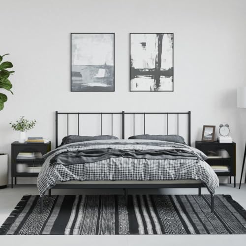 Youuihom Nachttisch Set Schwarz 50x35x60 cm aus Stahl und Glas mit Einlegeboden - 2 Stück Schmaler Beistelltisch für Schlafzimmer mit Nivellierern von Youuihom