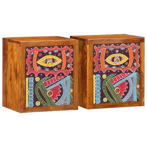 Youuihom Nachttisch Set aus Massivholz Akazie 2 Stück mit Geometrischem Design 35 x 30 x 40 cm Moderner Nachttisch mit Schubladen Robuste Kommode für Schlafzimmer von Youuihom