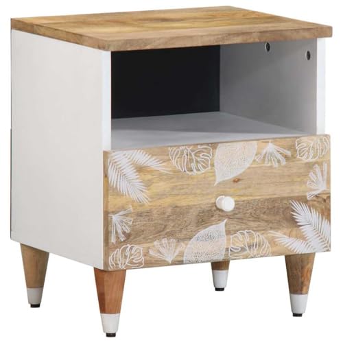 Youuihom Nachttisch aus Massivholz Mango 40x33x33x46 cm Natur Weiß Mit Schublade Schlafzimmer Beistelltisch Moderner Side Table von Youuihom