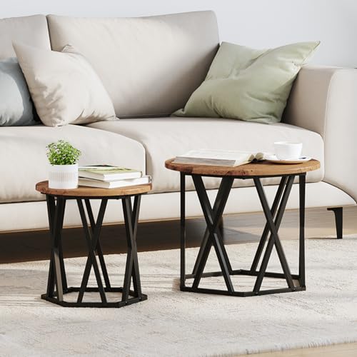 Youuihom Nesting Beistelltische 2er Set aus Recyceltem Altholz mit Metallrahmen, Rund Couchtisch für Wohnzimmer, Industrielles Vintage Design, Braun, 50x50x40 cm von Youuihom