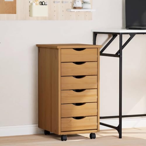 Youuihom Rollschrank mit 6 Schubladen Massivholz Kiefer Honigbraun 34x39x65.5cm Aufbewahrungsschrank für Büro Küche Wohnzimmer mit flexiblen Rollen von Youuihom