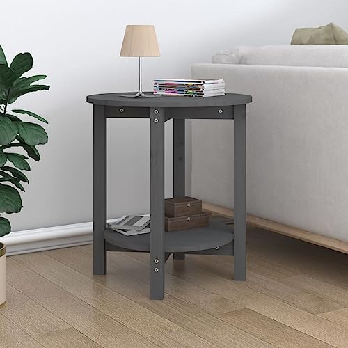 Youuihom Rund Couchtisch Grau aus Massivholz Kiefer Ø 55x60 cm mit offener Ablage – Robuster Beistelltisch für Wohnzimmer mit rustikaler Optik von Youuihom