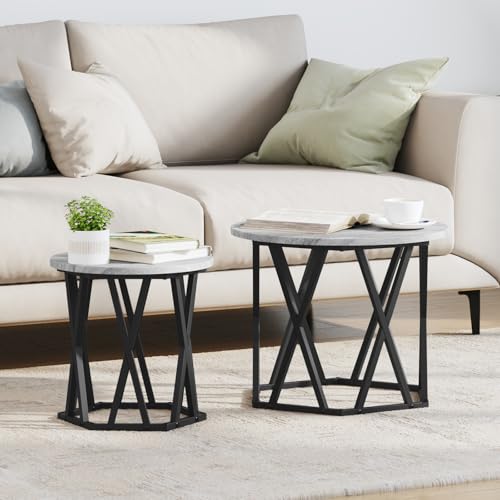 Youuihom Satztische 2 Stück Rund Couchtisch Grau Sonoma Holzfurnier Schwarz Metall Wohnzimmer Möbel von Youuihom