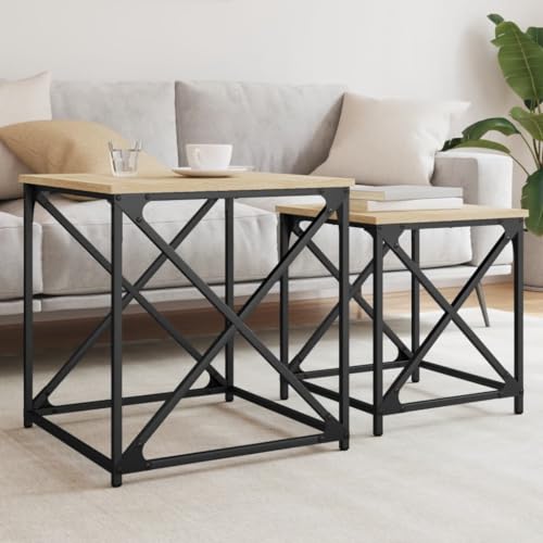 Youuihom Satztische 2 Stück Sonoma-Eiche Holzwerkstoff und Metall Couchtisch Beistelltisch mit Nesting Design für Platzsparende Nutzung in Wohnzimmer Schlafzimmer oder Büro Industrieller Stil von Youuihom
