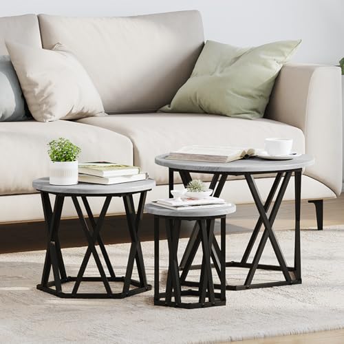 Youuihom Satztische 3 Stück Grau Rund Holzwerkstoff Metall Stapelbar Beistelltisch Couchtisch Modernes Design für Wohnzimmer Schlafzimmer mit 50kg Tragkraft von Youuihom
