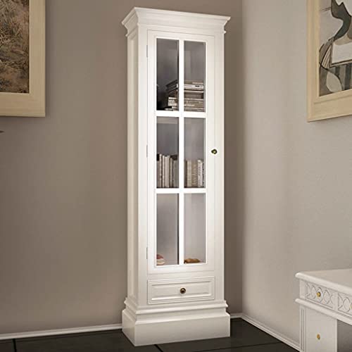 Youuihom Schmaler Vitrinenschrank Bücherregal mit 3 Fächern und Schublade Weiß MDF Landhausstil 138 cm Hoch für Wohnzimmer Schlafzimmer Büro von Youuihom