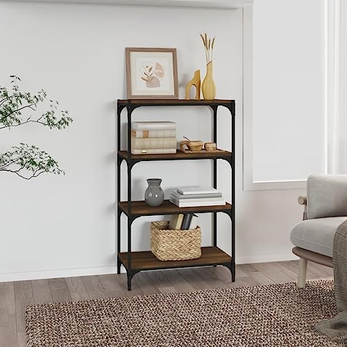 Youuihom Schmales Bücherregal Braun Eichen-Optik 60x33x100 cm aus Holzwerkstoff und Stahl mit 4 Ablagen Industrielles Regal für Wohnzimmer und Büro Hochschrank zur Aufbewahrung von Youuihom