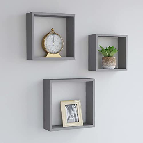 Youuihom Schwebendes Wandregal Set 3 Stück Grau MDF Unsichtbares Montagesystem Regalwürfel für Bücher Deko Wohnzimmer Bad von Youuihom
