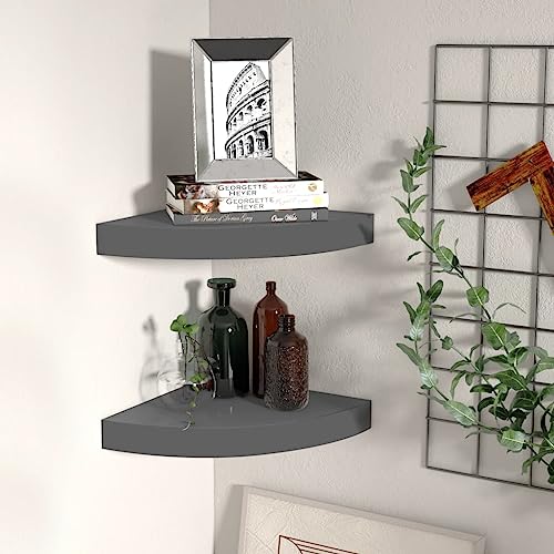Youuihom Schweberegal Eckregal 2 Stück Hochglanz Grau 25x25x3,8 cm MDF Metall Wandregal mit unsichtbarem Montagesystem für Bücher Deko in Ecke Wohnzimmer Bad von Youuihom