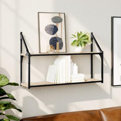 Youuihom Schweberegal Wandregal 2 Fächer Sonoma-Eiche 80x21x51 cm Holzwerkstoff Stahl Platzsparend für Wohnzimmer Bad Büro von Youuihom