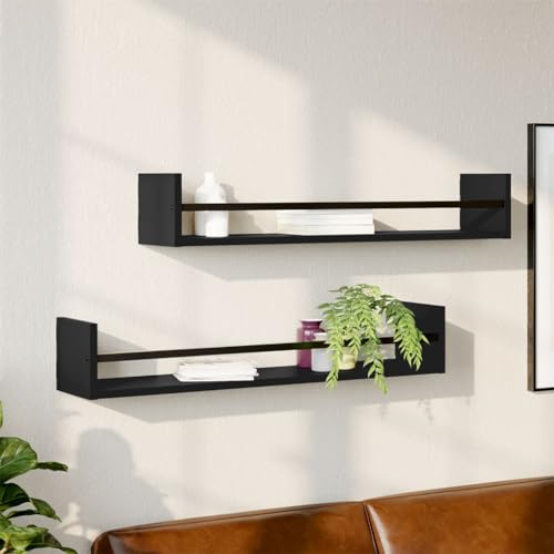 Youuihom Schweberegal mit Stangen 2 Stück Schwarz 80x16x14 cm Holzwerkstoff Stahl Multifunktionales Wandregal für Deko Bücher Pflanzen in Küche Bad Wohnzimmer von Youuihom