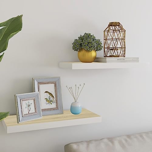 Youuihom Schweberegale Set 2 Stück Eichenoptik Weiß 60x23,5x3,8 cm Wandregal Schwebendes Regalsystem Unsichtbare Montage für Deko Bücher Wohnzimmer Bad von Youuihom