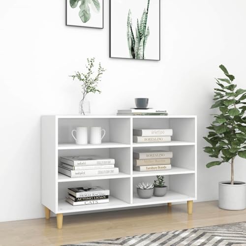 Youuihom Sideboard Weiß Aufbewahrungsschrank mit 6 Regalen 103,5x35x70 cm Massivholzbeine Skandinavisches Design für Wohnzimmer Bücher und Deko von Youuihom