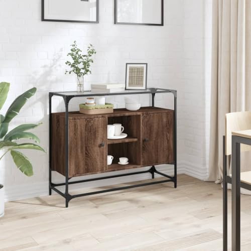 Youuihom Sideboard mit Glasplatte Braun Eiche 98x35x81 cm Holzwerkstoff Wohnzimmerschrank Sideboard Vitrine Outdoor Schrank für Wohnzimmer Schlafzimmer Küche Flur von Youuihom