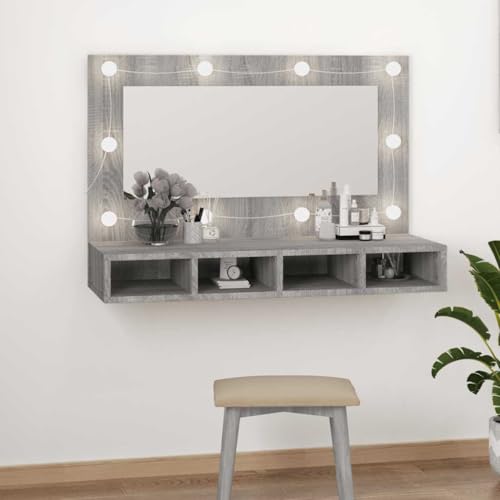 Youuihom Spiegelschrank mit LED Beleuchtung Grau Sonoma 90 x 31,5 x 62 cm Moderner Badezimmerschrank mit 4 Fächern und USB-Anschluss für optimale Beleuchtung von Youuihom