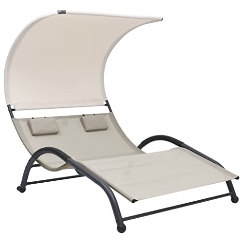 Youuihom Strand-Loungesessel Garten-Liegestühle Layout Stuhl Doppel-Sonnenliege mit Sonnendach Textilene Creme Geeignet für Strand, Camping, Pool, Terrasse, Rasen von Youuihom