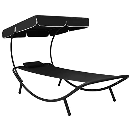 Youuihom Strand-Loungesessel Garten-Liegestühle Layout Stuhl Garten-Sonnenliege mit Sonnendach und Kissen Schwarz Geeignet für Außenbereich, Terrasse, Pool, Balkon von Youuihom