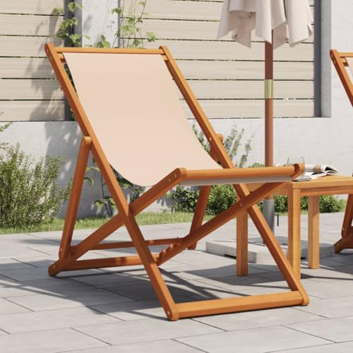 Youuihom Strandstuhl Klappbar Beige Massivholz Eukalyptus und Stoff Balkonstühle Gartenstühle Loungesessel Outdoor Balkon Sessel für Camping Balkon Garten Strand von Youuihom