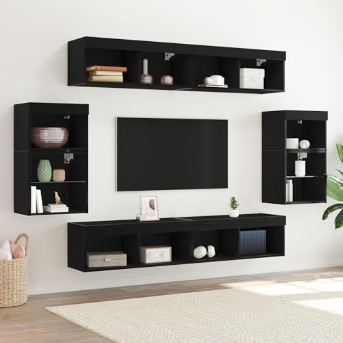 Youuihom TV Lowboard Schwarz-Eiche Wandmontage 160x28,5x40 cm mit 8 Schweberegale & Blauer LED Beleuchtung Modernes Fernsehständer Set für Wohnzimmer von Youuihom