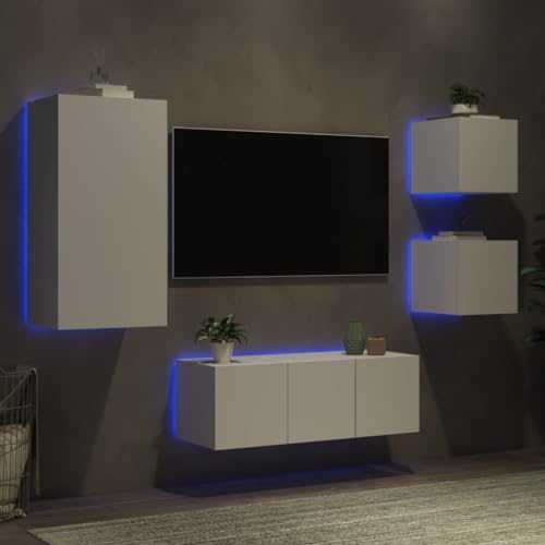 Youuihom TV Möbel Set 5-Teilig Weiß Holzwerkstoff mit RGB LED Beleuchtung Wandmontage Wohnwand Lowboard Fernsehschrank für Wohnzimmer Büro Schlafzimmer von Youuihom