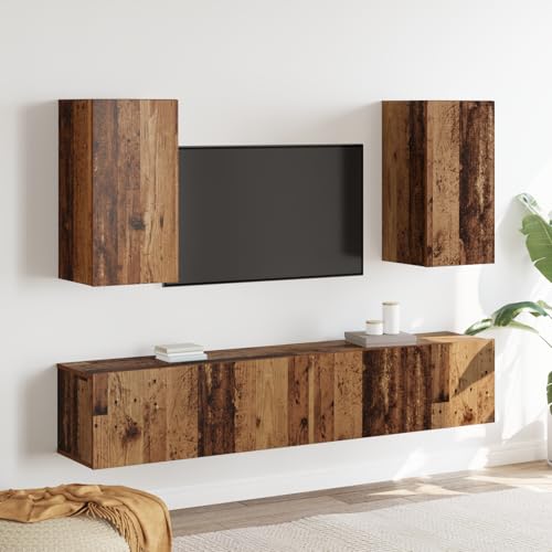 Youuihom TV Schrank Braun 4 Teile Wandmontiert Altholz Holzwerkstoff Rechteckig Rustikaler Stil Generöser Stauraum für Wohnzimmer von Youuihom