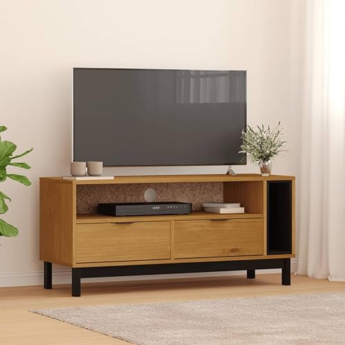 Youuihom TV Schrank FLAM 110x40x50 cm Massivholz Kiefer Eichenoptik mit Schubladen und offenen Fächern Stauraum für Wohnzimmer von Youuihom