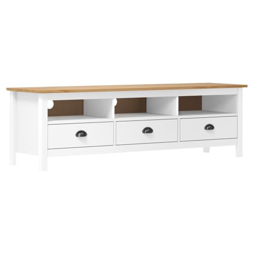Youuihom TV Schrank Hill Weiß 158x40x47 cm Massivholz Kiefer mit 3 Fächern und 3 Schubladen Retro Design Lowboard für Wohnzimmer von Youuihom