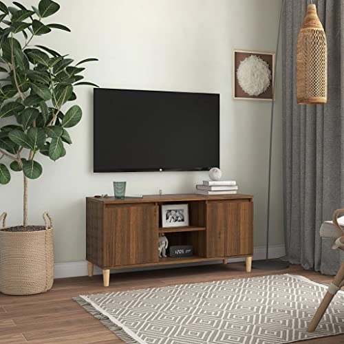 Youuihom TV-Schrank Lowboard Massivholzbeine 103,5 x 35 x 50 cm Braune Eichen-Optik Skandi-Design Stabiler Fernsehtisch mit 2 Ablagen 2 Fächern für Wohnzimmer Schlafzimmer Flur von Youuihom
