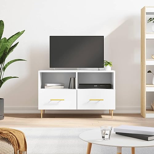 Youuihom TV-Schrank Lowboard Modern Weiß 80x36x50 cm Holzwerkstoff mit 2 Schubladen und 2 Fächern Stabile Eisenbeine für Wohnzimmer Schlafzimmer Flur von Youuihom
