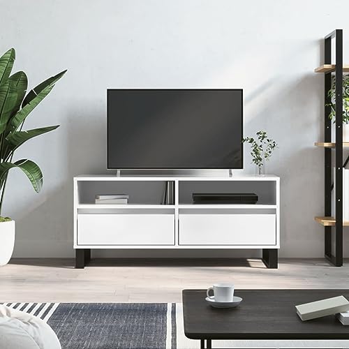 Youuihom TV-Schrank Lowboard in Hochglanz-Weiß 100x34,5x44,5 cm aus Holzwerkstoff mit Eisenbeinen, Modernes TV-Board mit Schubladen & Fächern für Wohnzimmer, Schlafzimmer und Flur Youuihom TV-Schrank Lowboard in Hochglanz-Weiß 100x34,5x44,5 cm aus Holzwerkstoff mit Eisenbeinen, Modernes TV-Board mit Schubladen & Fächern für Wohnzimmer, Schlafzimmer und Flur von Youuihom