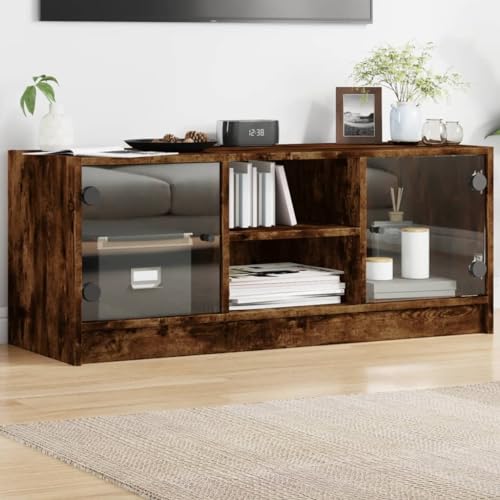 Youuihom TV-Schrank Lowboard mit Glastüren Räuchereiche Holzwerkstand 102 x 37 x 42 cm Modernes Sideboard für Fernseher bis 80 kg für Wohnzimmer Flur oder Schlafzimmer von Youuihom