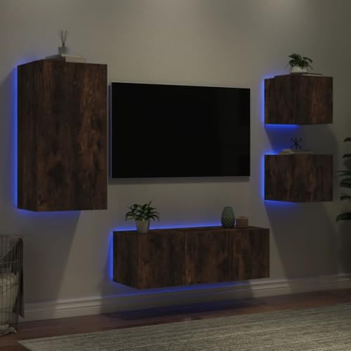 Youuihom TV-Schrank Lowboard mit RGB-LED Beleuchtung Räuchereiche Holzwerkstoff 5-teilig Moderne Wohnwand Wandmontage viel Stauraum für Wohnzimmer Schlafzimmer Büro von Youuihom