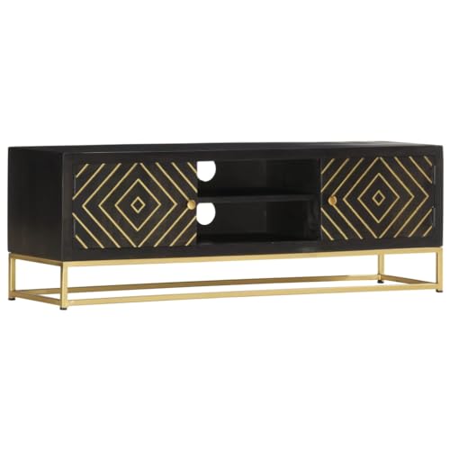Youuihom TV-Schrank Retro Stil Schwarz Golden 120x30x40 cm Massivholz Mango Lowboard mit Stahlrahmen Stabil & Langlebig für Wohnzimmer und Flur von Youuihom
