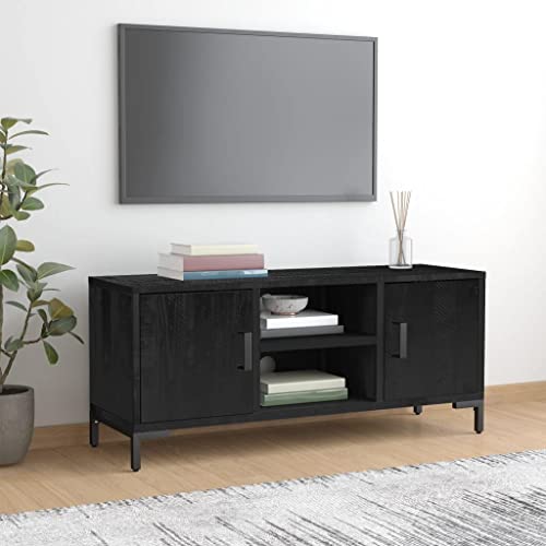 Youuihom TV Schrank Schwarz 110x35x48 cm Massivholz Kiefer Moderner TV Unterschrank mit 4 Fächern und Türen für Wohnzimmer von Youuihom