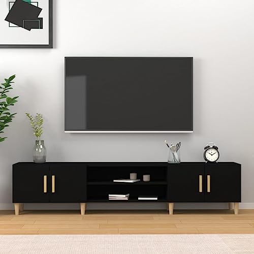 Youuihom TV-Schrank Schwarz 180 cm Lowboard aus Holzwerkstoff & Massivholz Eukalyptus mit 4 Fächern und 4 Türen Modernes Design und hohe Stabilität für Wohnzimmer Flur und Schlafzimmer von Youuihom