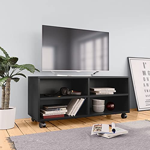Youuihom TV Schrank Schwarz 90x 35 x 35 cm Holzwerkstoff Modernes Design mit 4 offenen Fächern und Rollen Robust & Langlebig für Wohnzimmer Schlafzimmer oder Flur von Youuihom