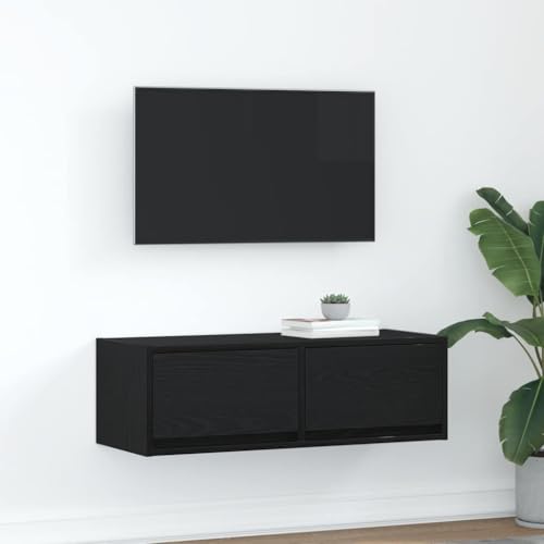 Youuihom TV Sideboard Schwarz Eichen-Optik 80x31x25,5 cm Holzwerkstoff mit 2 Schubladen Stauraum und Wandmontage für Wohnzimmer von Youuihom