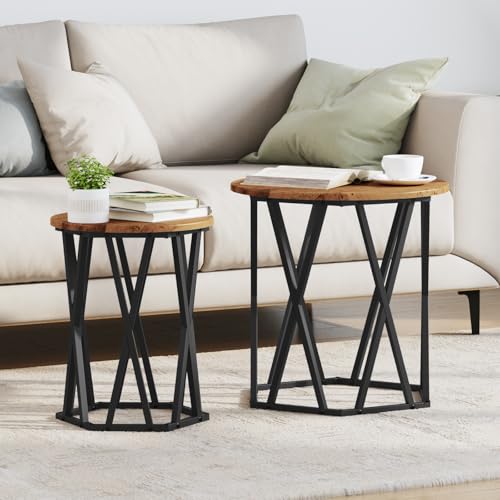 Youuihom Vintage Beistelltisch Set 2 Stück Rund Braun Rustikaler Couchtisch aus Recycled Holz und Metall für Wohnzimmer mit Verwitterter Oberfläche von Youuihom