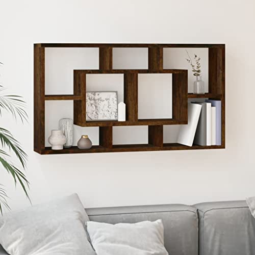 Youuihom Wandregal 8 Fächer Räuchereiche Unsichtbares Montagesystem 85x18x85cm Schwebendes Regal Holzwerkstoff für Bücher Deko Pflanzen Wohnzimmer Bad Küche von Youuihom