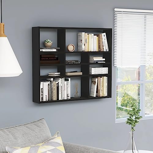 Youuihom Wandregal Schwarz Holzwerkstoff 90x16x78 cm mit 10 offenen Fächern für Bücher Deko und Pflanzen im Wohnzimmer Bad oder Küche von Youuihom
