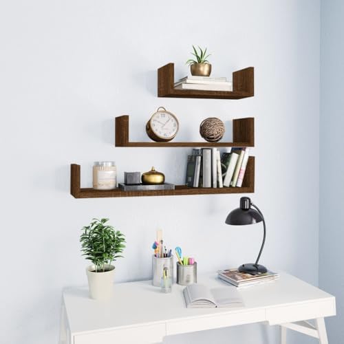 Youuihom Wandregal Set 3 STK. Braun Eichen-Optik Holzwerkstoff Schwebendes Regal für Bücher Deko Pflanzen in Wohnzimmer Küche Badezimmer mit U-Form Design und Hoher Stabilität von Youuihom