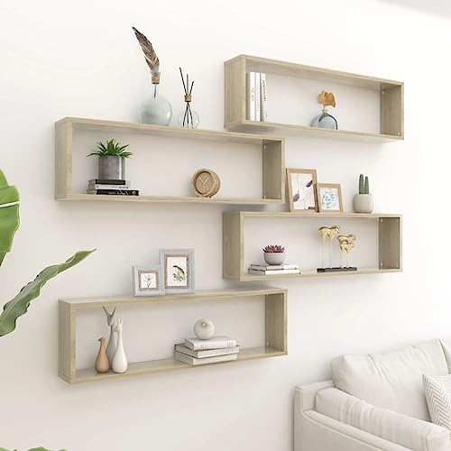 Youuihom Wandregal Set 4 Stück Würfel Design Sonoma-Eiche 100x15x30 cm Holzwerkstoff Schwebendes Regal für Deko Bücher CDs im Wohnzimmer Bad oder Küche von Youuihom